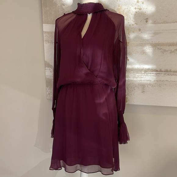 Parker Shelli Shirred Silk Dress in Wine Burgundy High Neck Size Medium - Picture 5 of 12